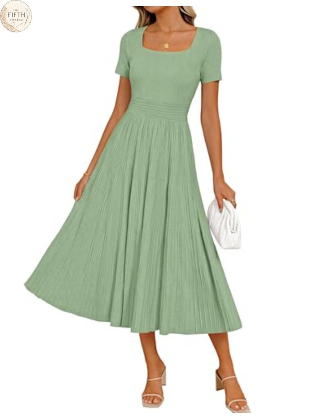 Pleated Midi Sweater Dress Square Neck Short Sleeve A-Line Wedding Guest